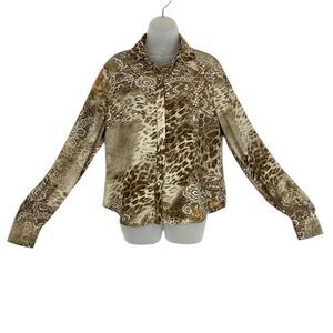 St. John  Silk Tan Long Sleeve Button up Down Blouse W/ Gold Tone Buttons Sz 4